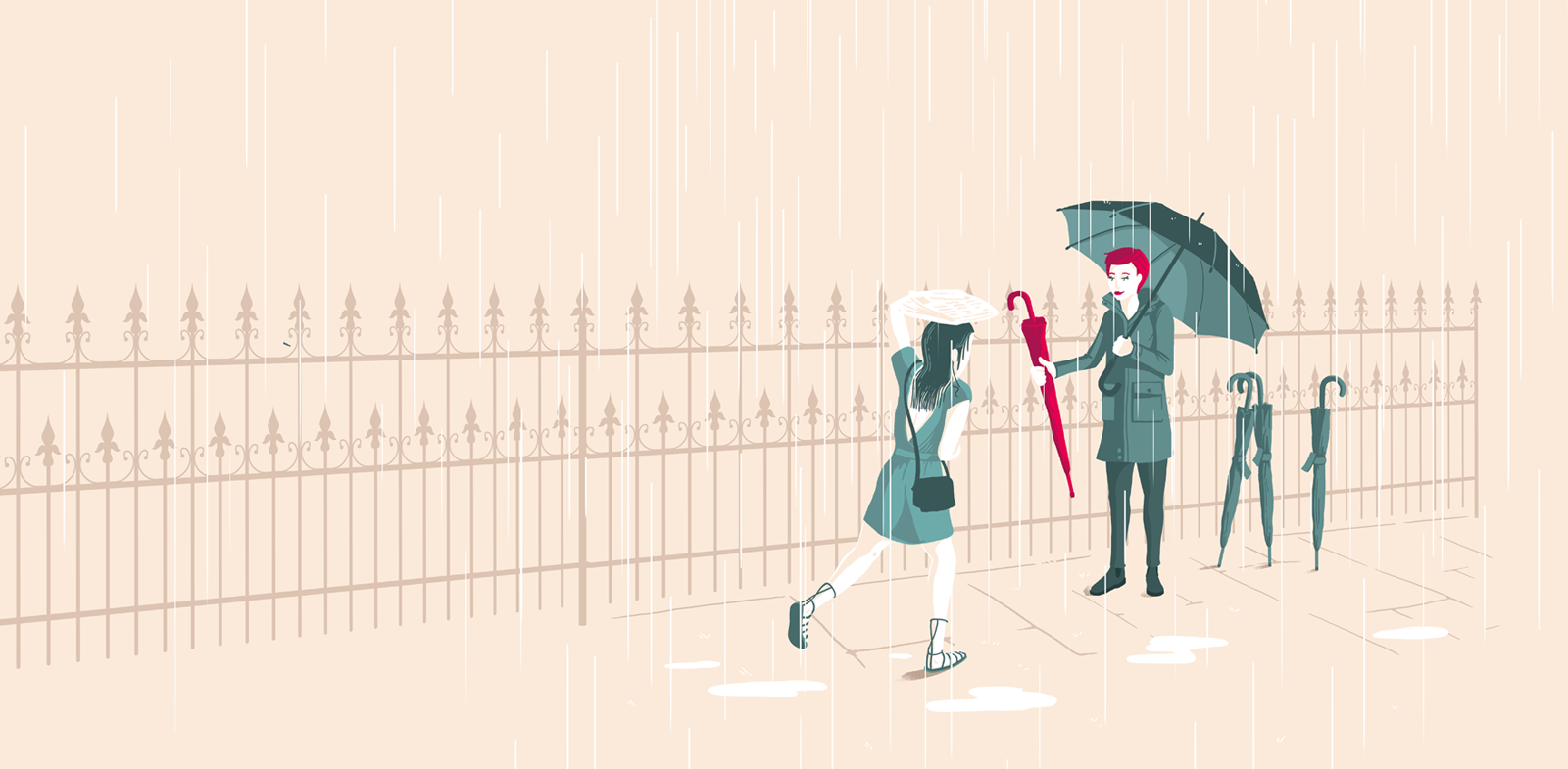 Eine nasse Frau rennt im Regen auf eine zweite Frau zu, die ihr ein Schirm bietet
